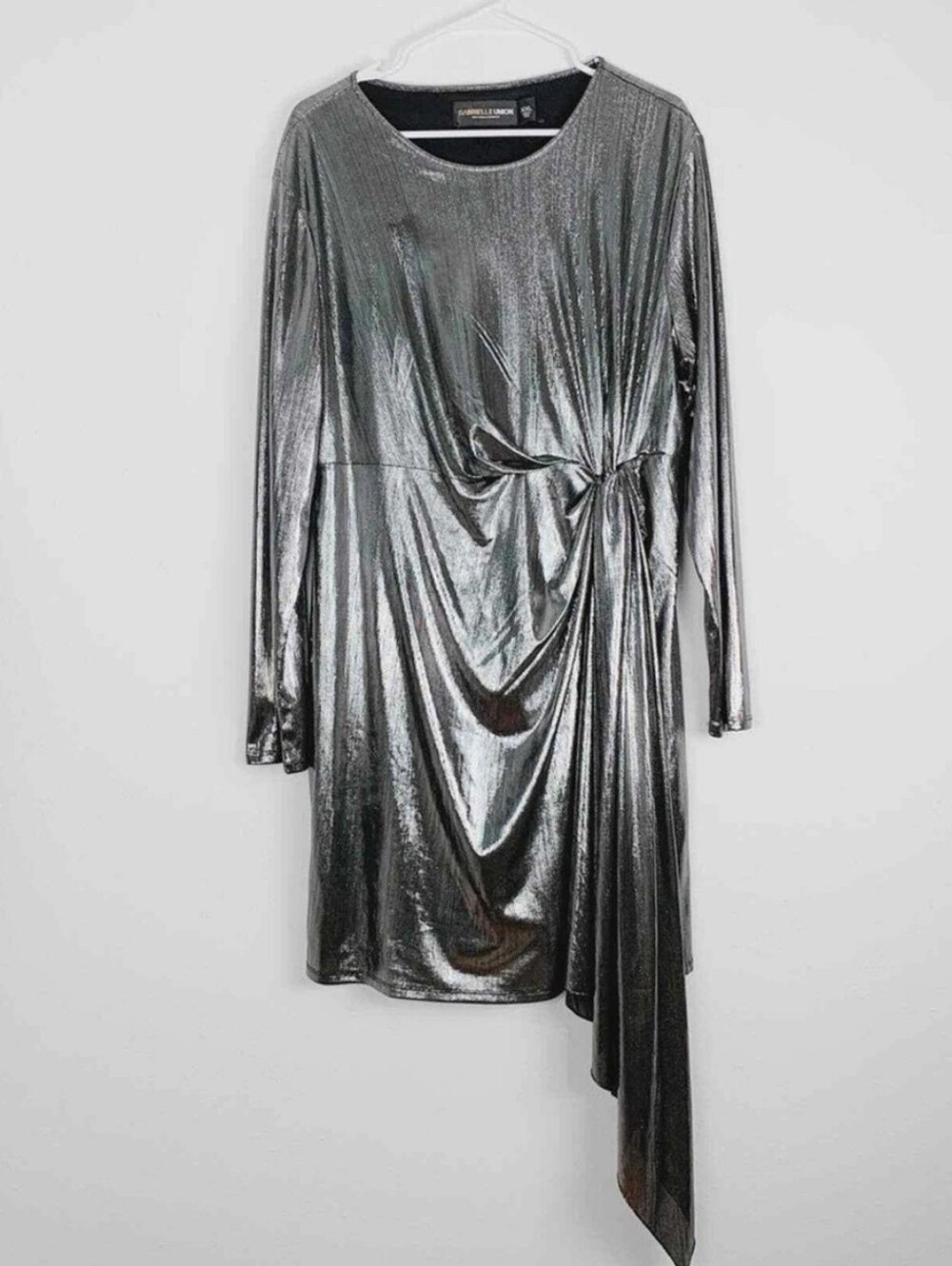 New York & Company Metallic Silver Knot-Accent Long Sleeve Dress M